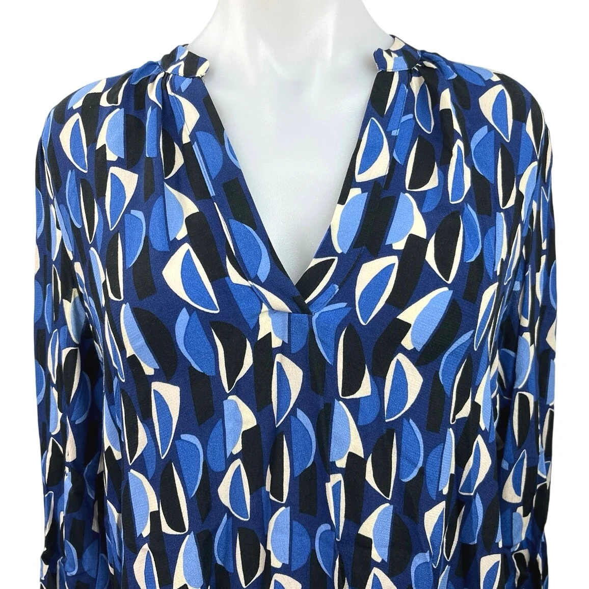 Zara Blue Black White Geometric V Neck Flowy Long Sleeve Mini Shift Dress Size M - Image 3