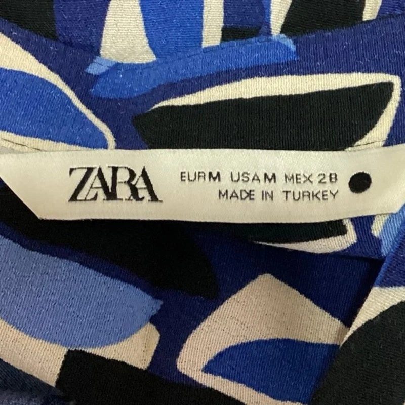 Zara Blue Black White Geometric V Neck Flowy Long Sleeve Mini Shift Dress Size M - Image 4
