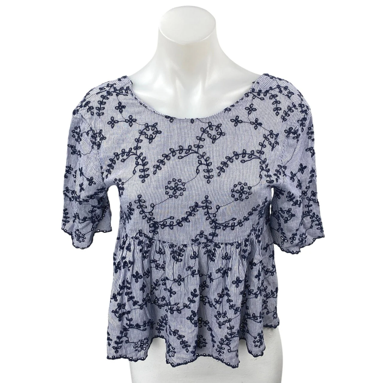 Zara Blue Floral Embroidered Striped Tassel Short Sleeve Babydoll Blouse Top S