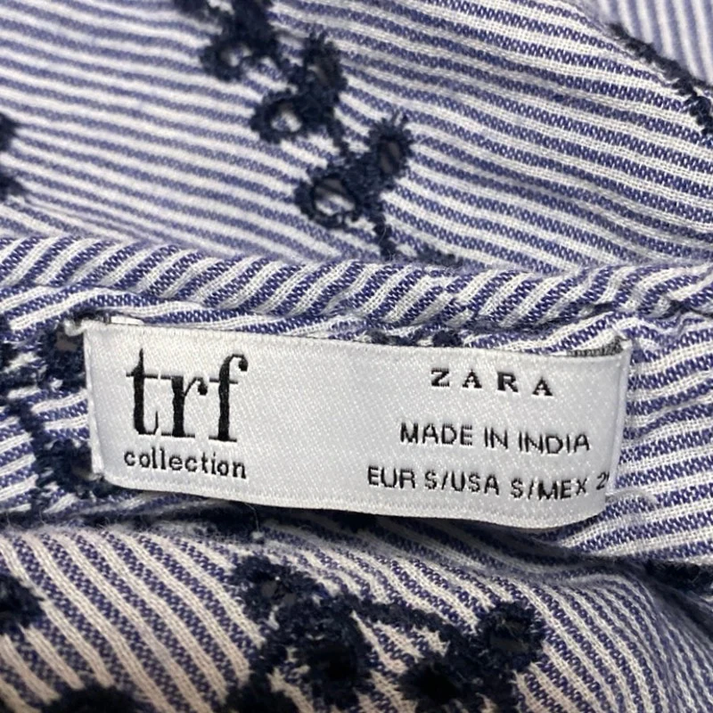 Zara Blue Floral Embroidered Striped Tassel Short Sleeve Babydoll Blouse Top S - Image 3