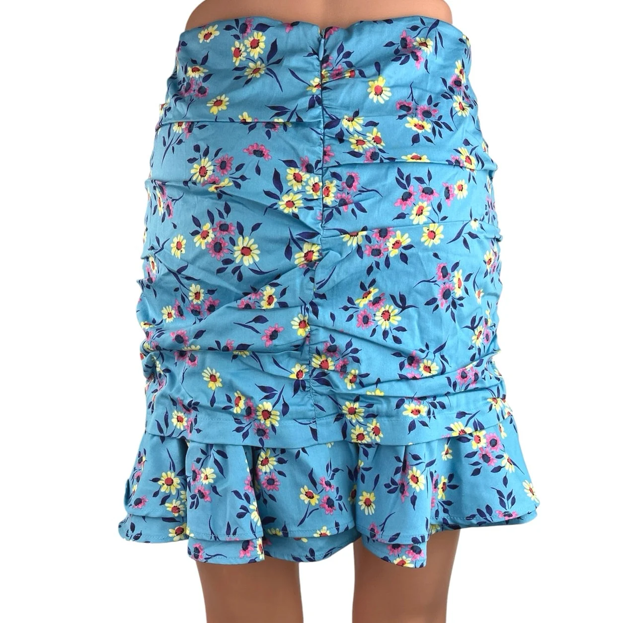 Zara Blue Floral High Waisted Fitted Stretch Ruched Ruffle Mini Skirt Size S - Image 3