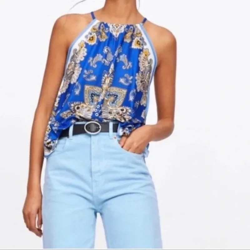 Zara Blue Floral Paisley Sleeveless Scarf Asymmetric High Neck Tank Blouse Top S - Image 3