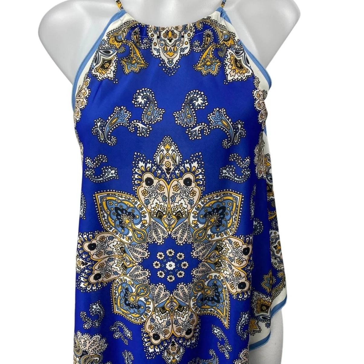 Zara Blue Floral Paisley Sleeveless Scarf Asymmetric High Neck Tank Blouse Top S - Image 4