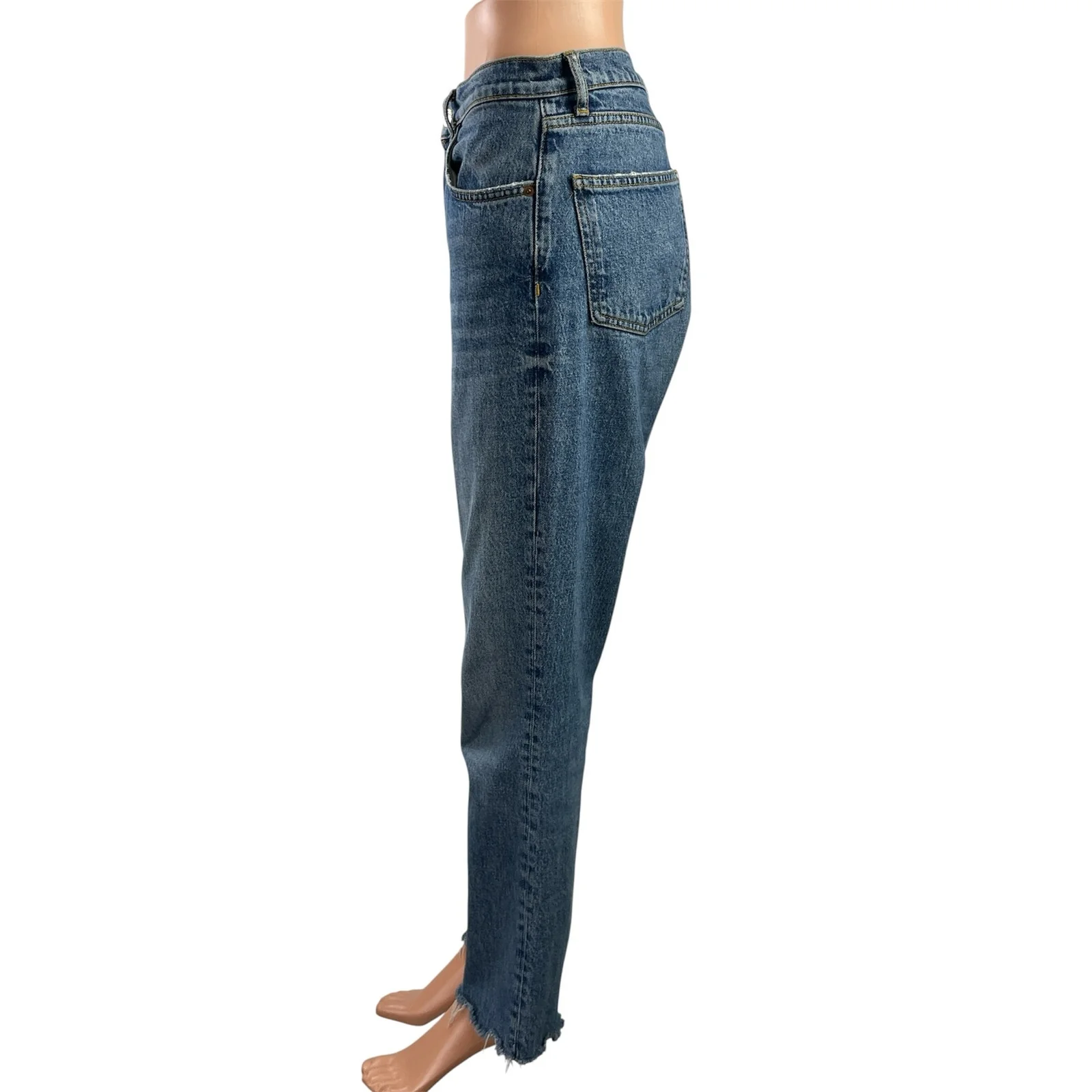 Zara Blue Medium Wash High Waist Frayed Hem Straight Leg Denim Jeans Pants Sz S - Image 2