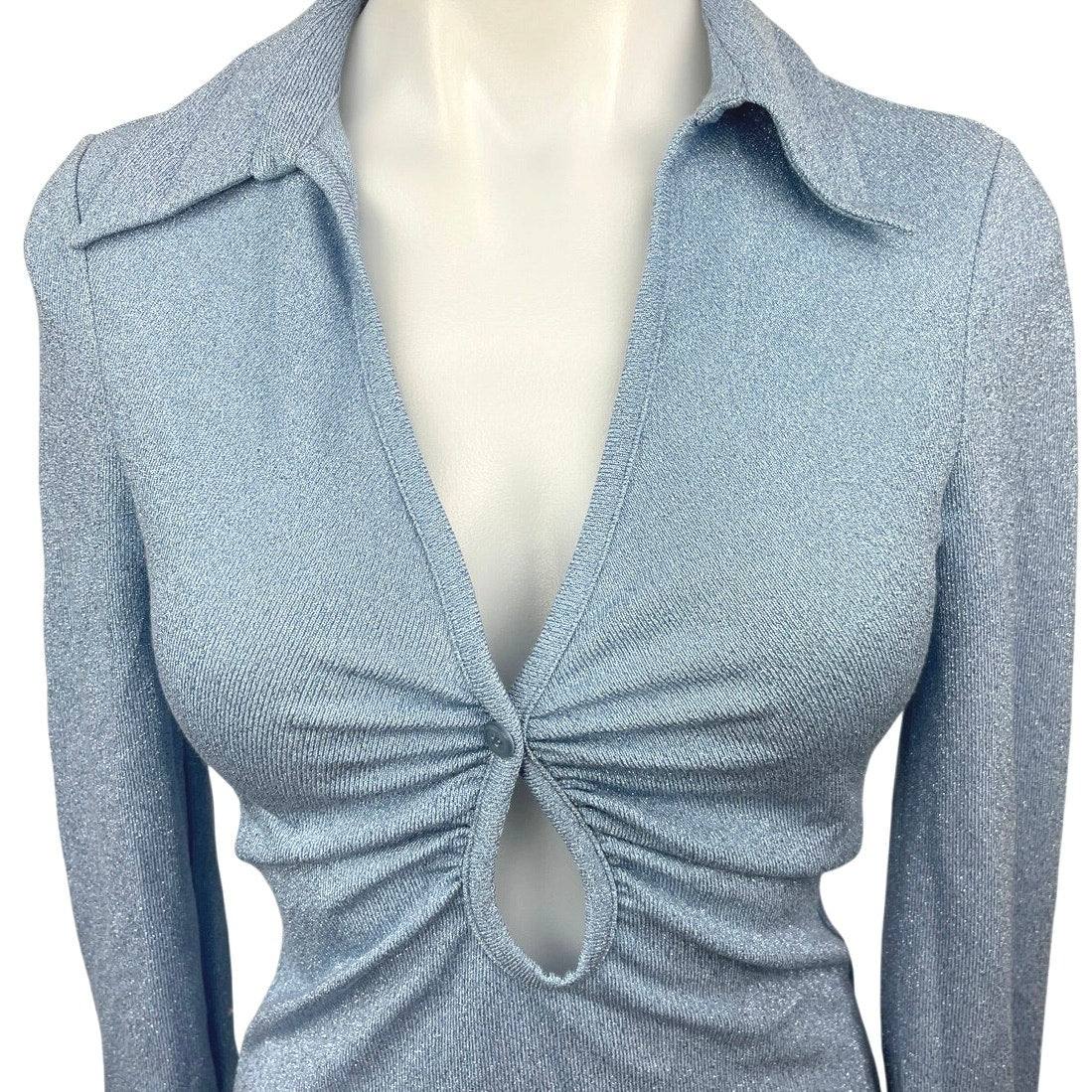 Zara Blue Metallic Ruched Keyhole V-neck Collar Long Sleeve Blouse Top Size XS - Image 3