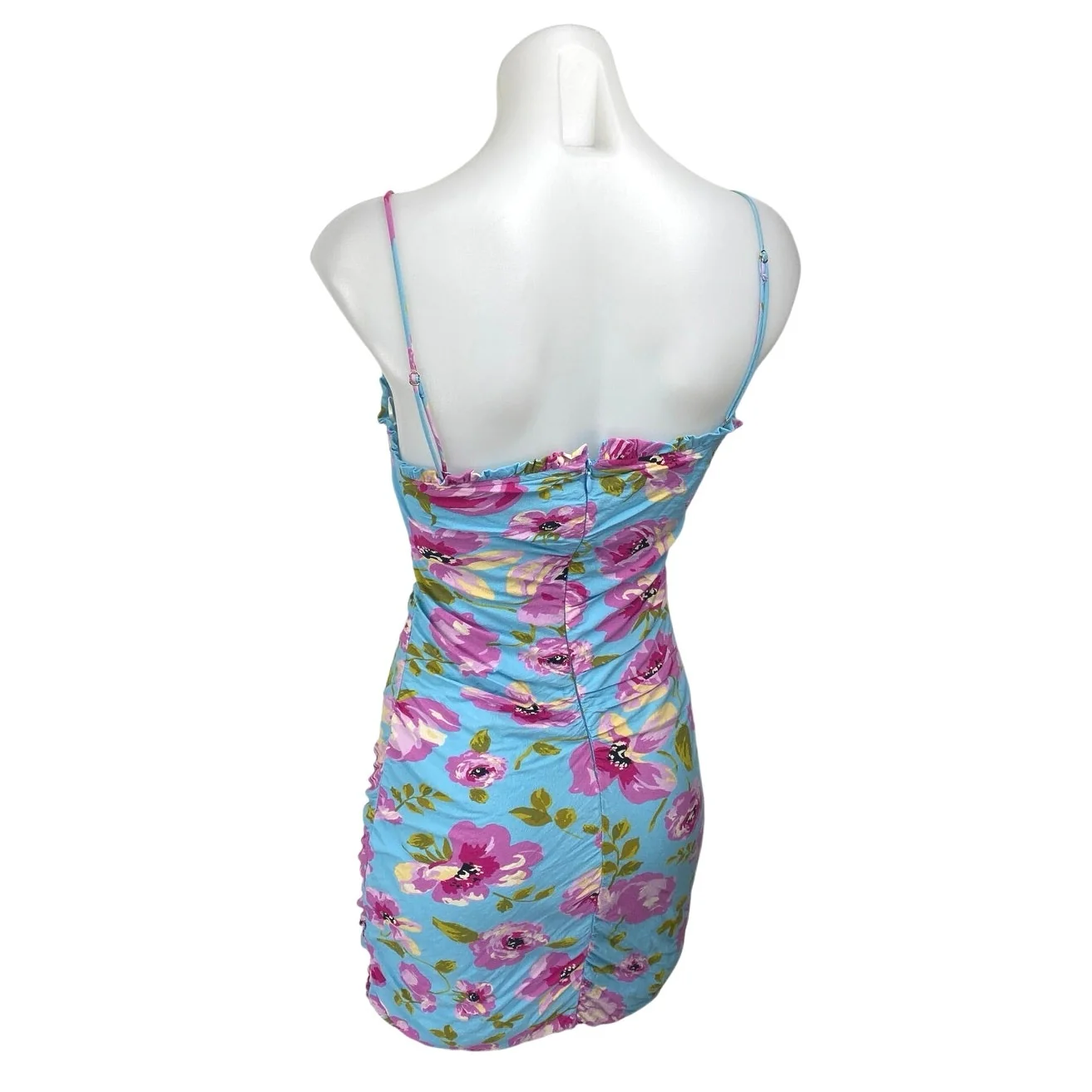 Zara Blue Pink Floral Sleeveless Ruched Cami Camisole Tank Mini Bodycon Dress XS - Image 2