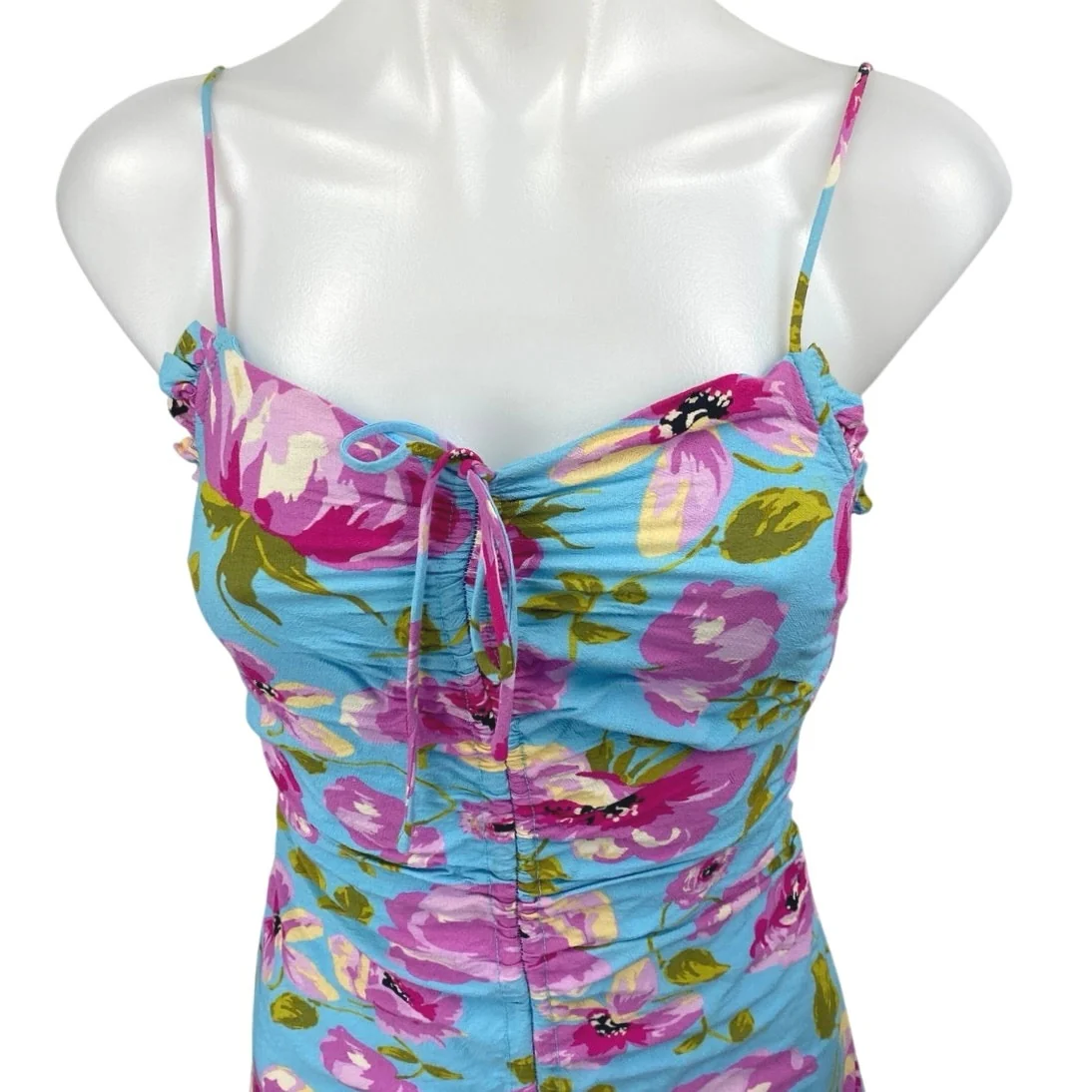 Zara Blue Pink Floral Sleeveless Ruched Cami Camisole Tank Mini Bodycon Dress XS - Image 3