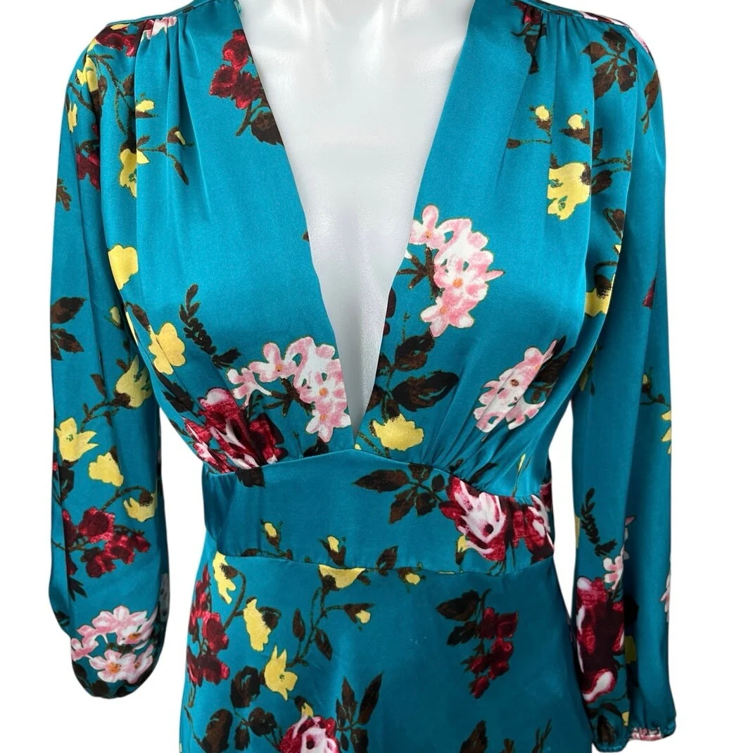 Zara Blue Silk Satin Floral Long Sleeve Deep V-Neck A Line Maxi Dress Size S - Image 3