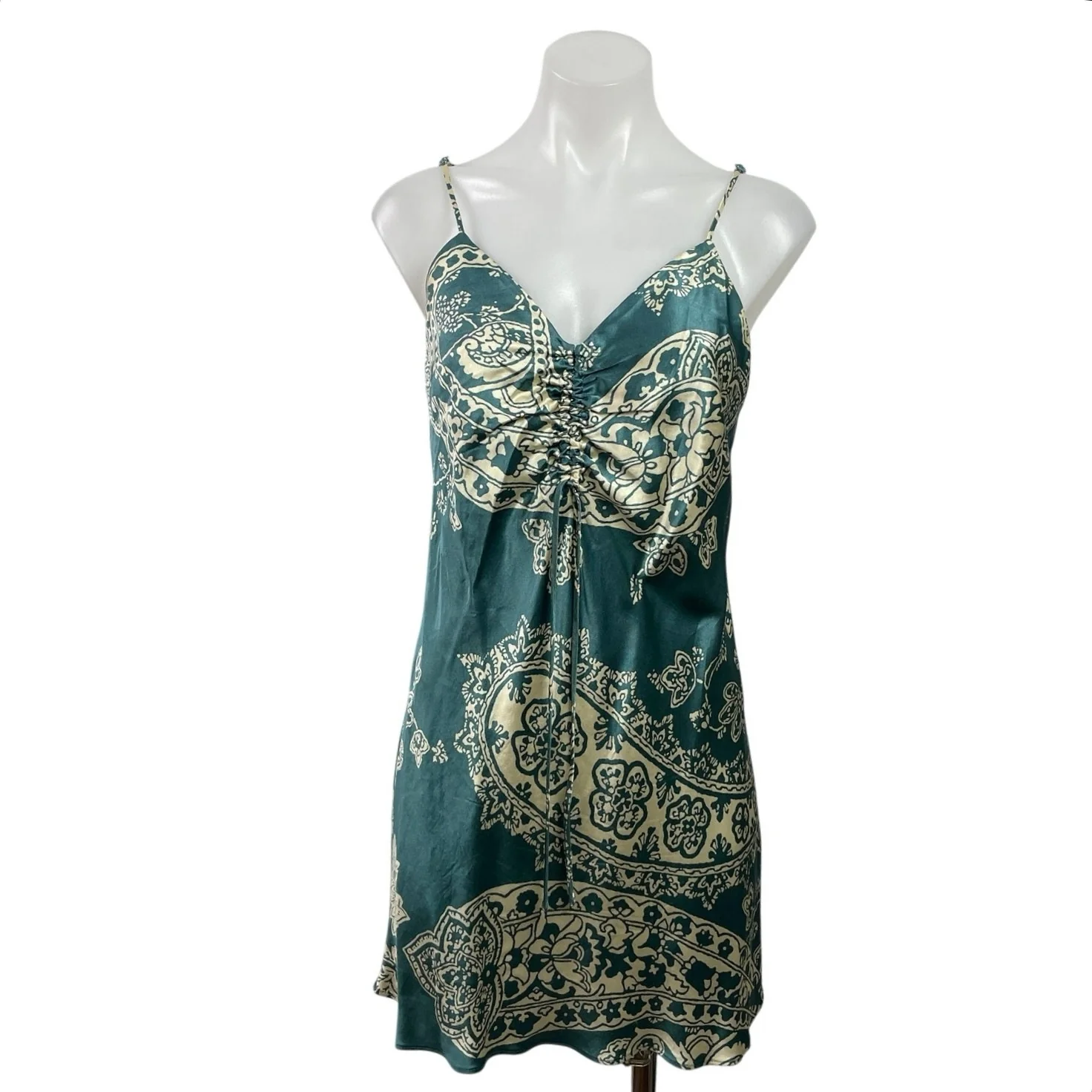 Zara Blue Silk Satin Paisley Sleeveless V Neck Mini A-Line Slip Tank Dress Sz S