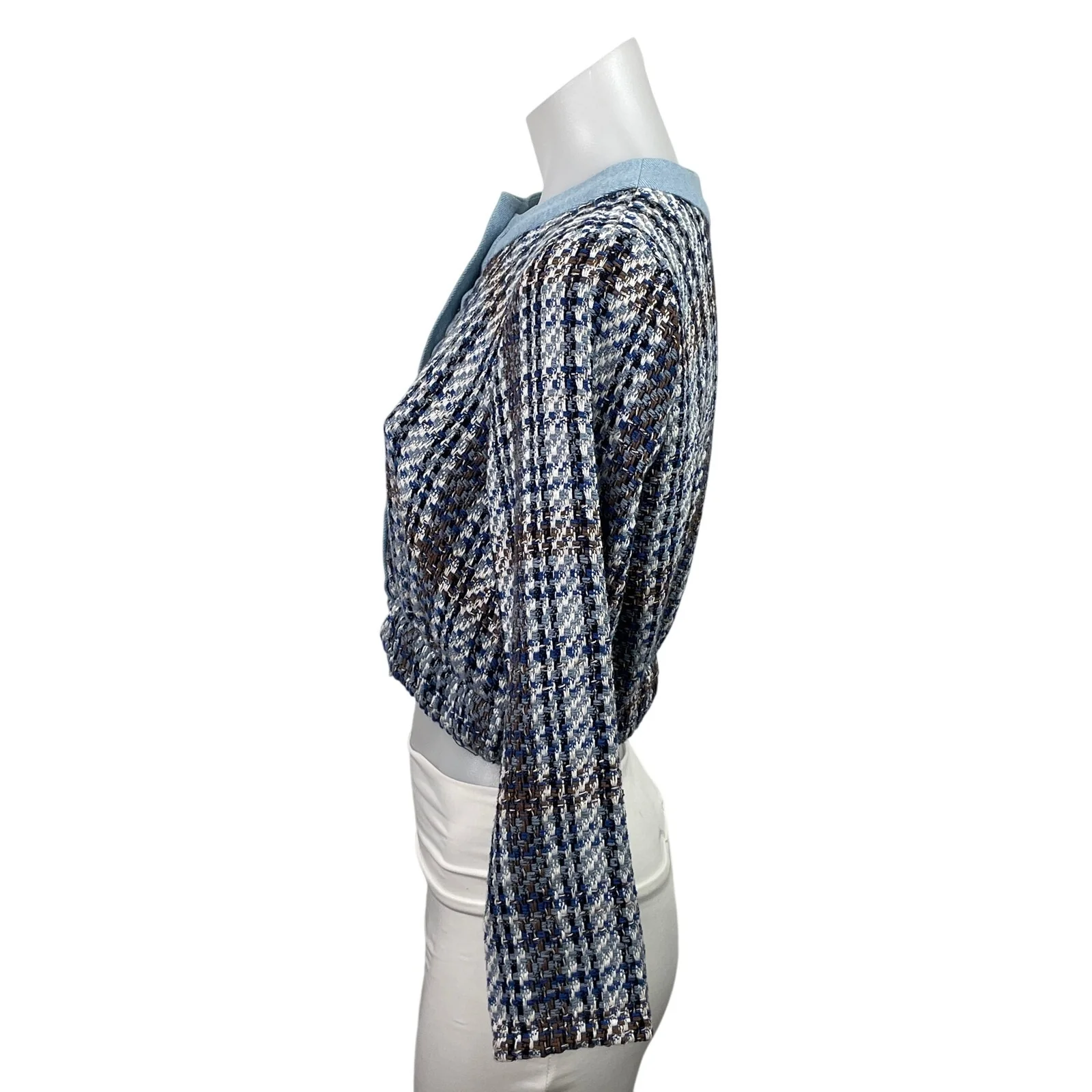 Zara Blue Tweed Long Sleeve Plaid Button Down Textured Cropped Jacket Top Size S - Image 2
