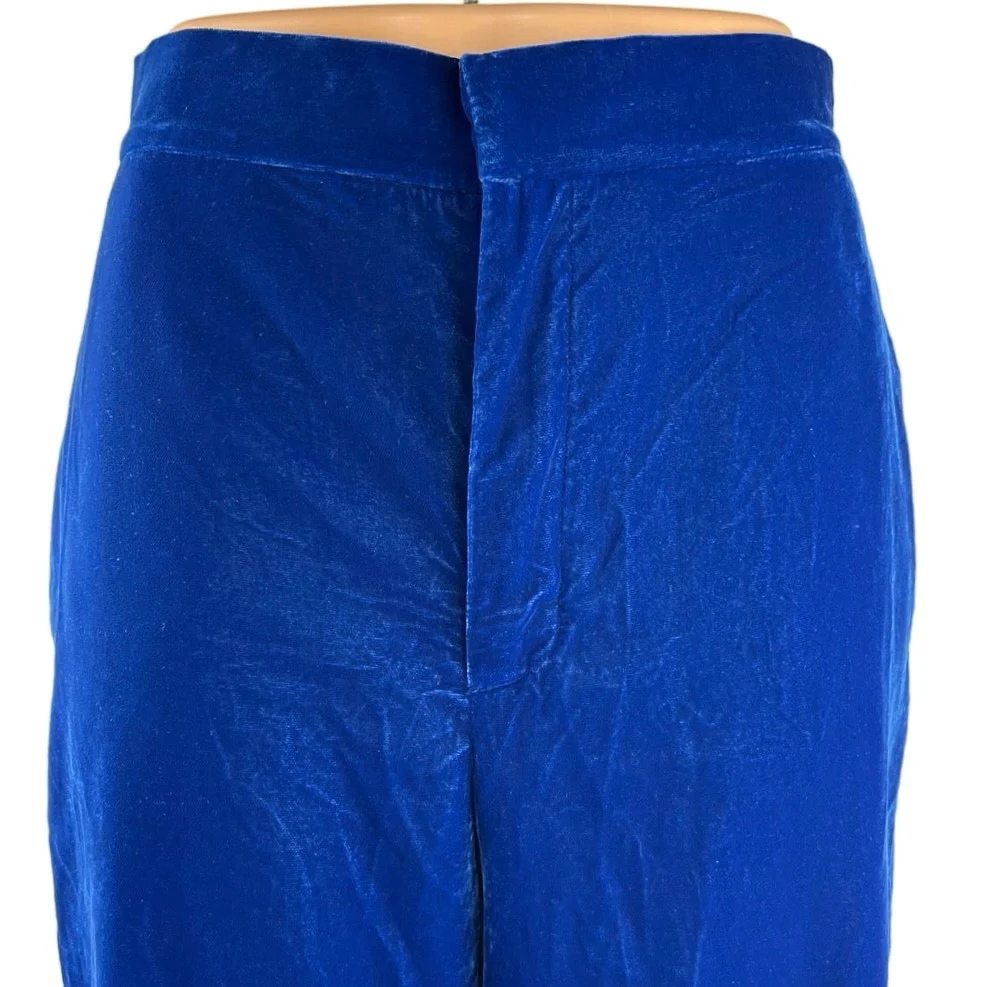 Zara Blue Velvet Velour High Waist Wide Flared Leg Crop Ankle Trousers Pants S - Image 4