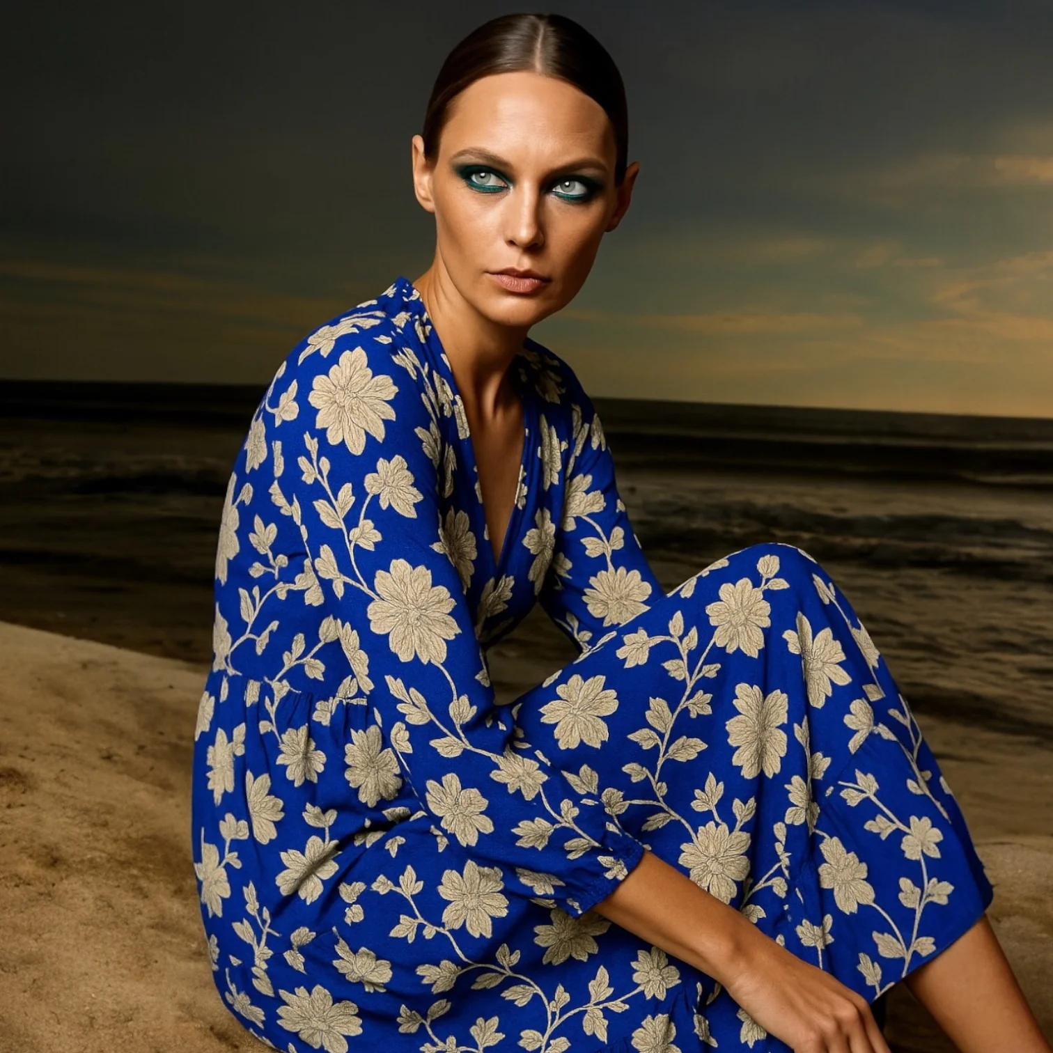 Zara Blue White Floral Plunge V-Neck 3/4 Balloon Sleeve Midi Maxi A-line Dress M - Image 2