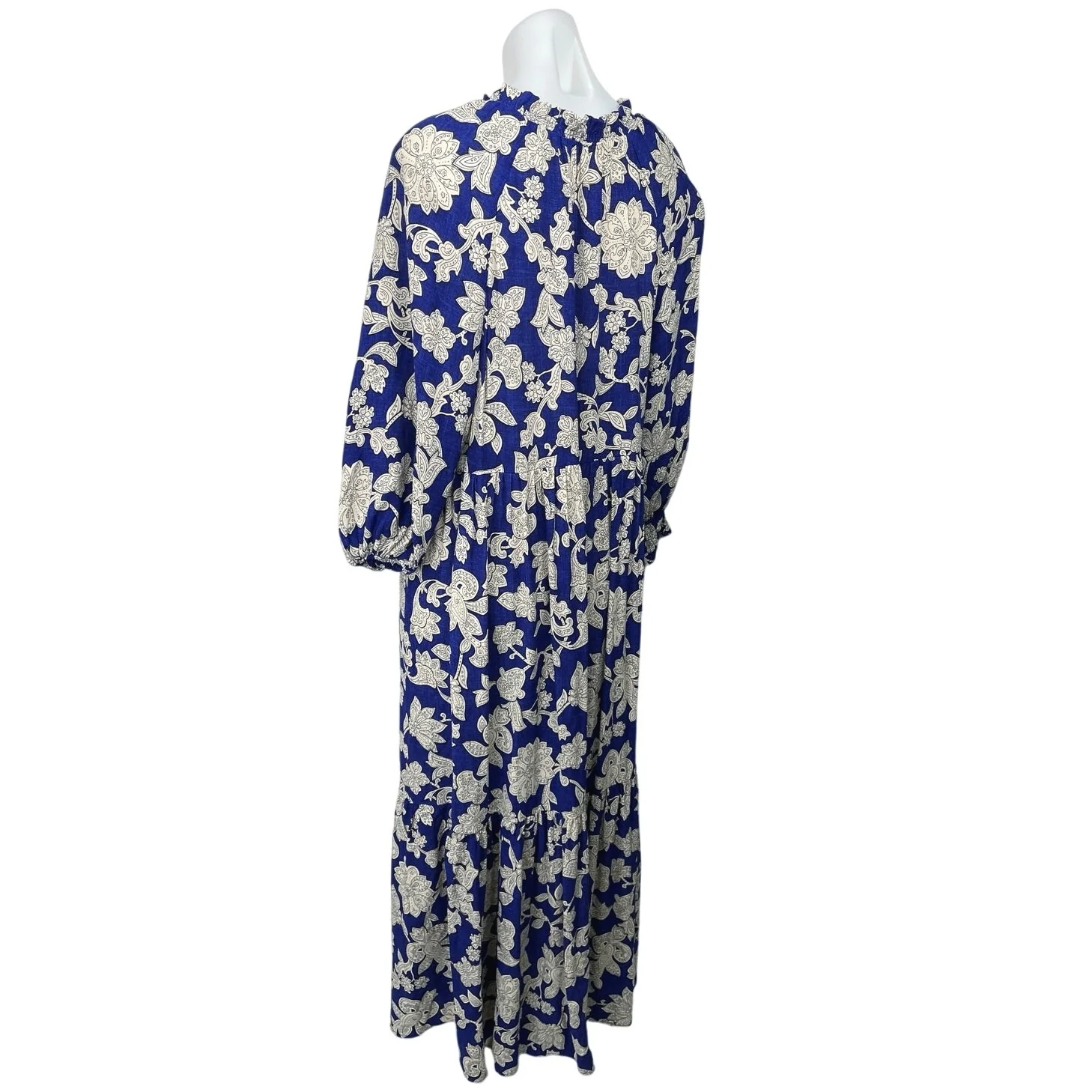 Zara Blue White Floral Plunge V-Neck 3/4 Balloon Sleeve Midi Maxi A-line Dress M - Image 4