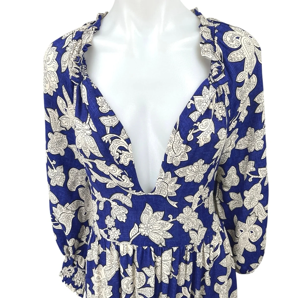 Zara Blue White Floral Plunge V-Neck 3/4 Balloon Sleeve Midi Maxi A-line Dress M - Image 5