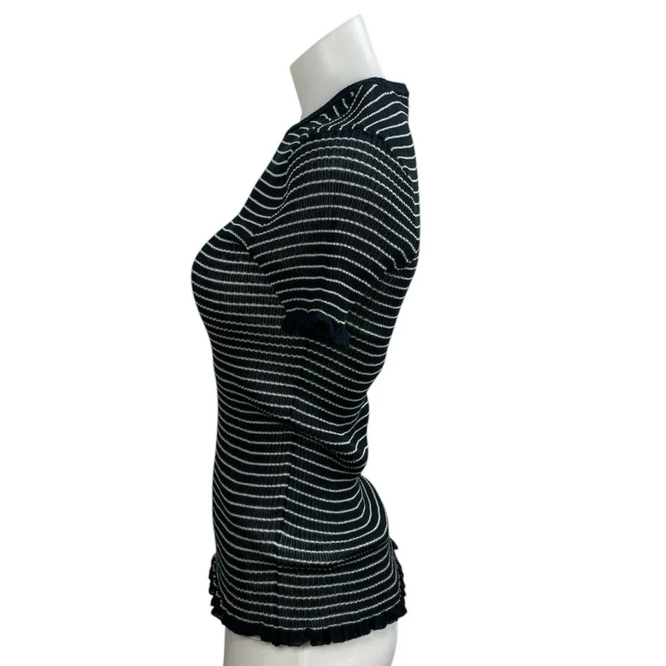Zara Border Stripe Lettuce Hem Crew Neck Short Sleeve Sweater Tee T-Shirt Top M - Image 2