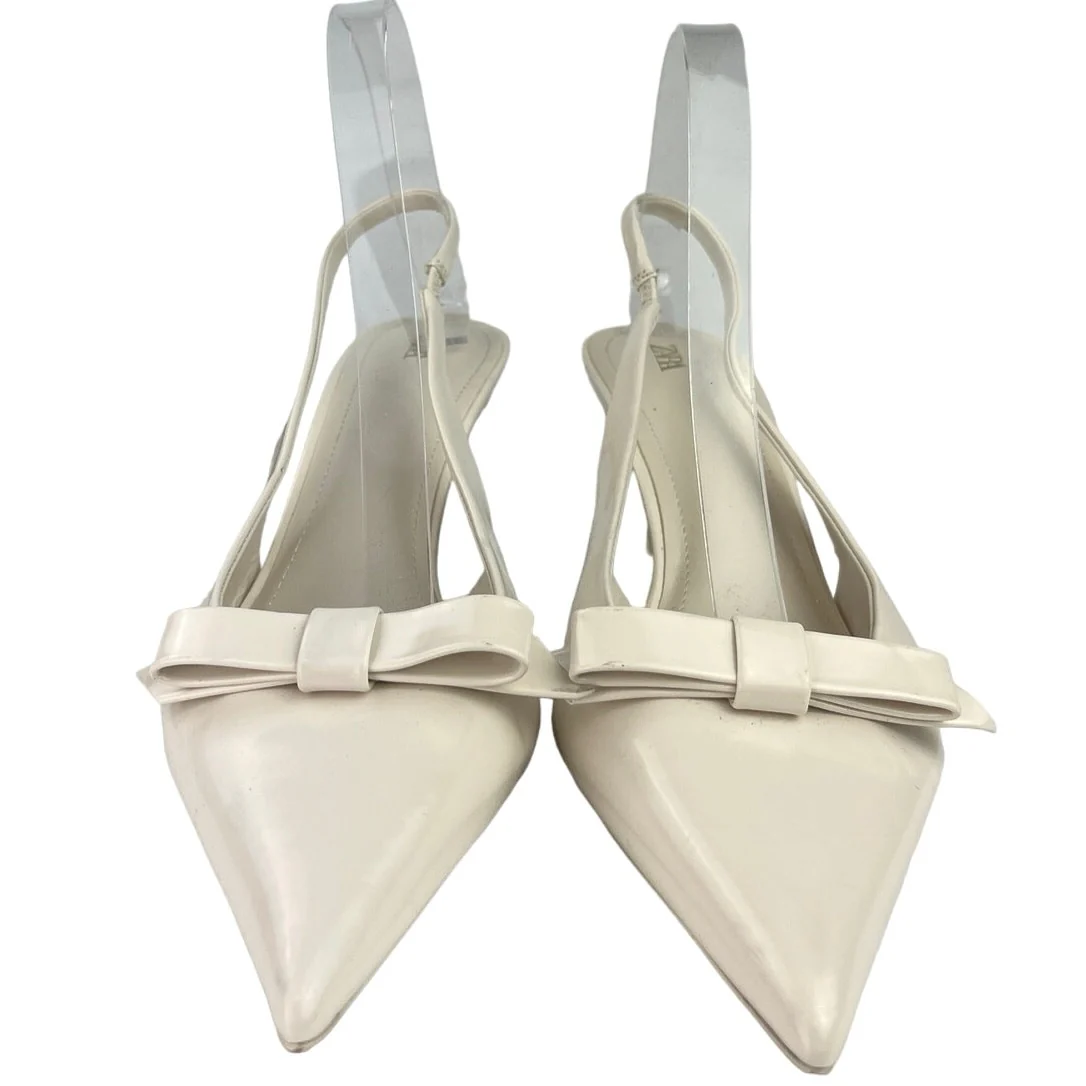 Zara Bow Trim Satin Effect White Leather Pointed Toe Slingback Heels Shoes 10 - Image 2