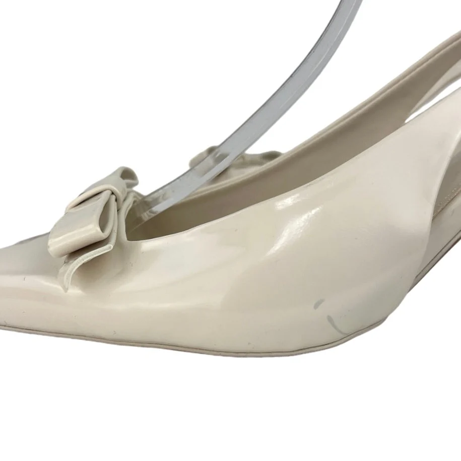 Zara Bow Trim Satin Effect White Leather Pointed Toe Slingback Heels Shoes 10 - Image 5