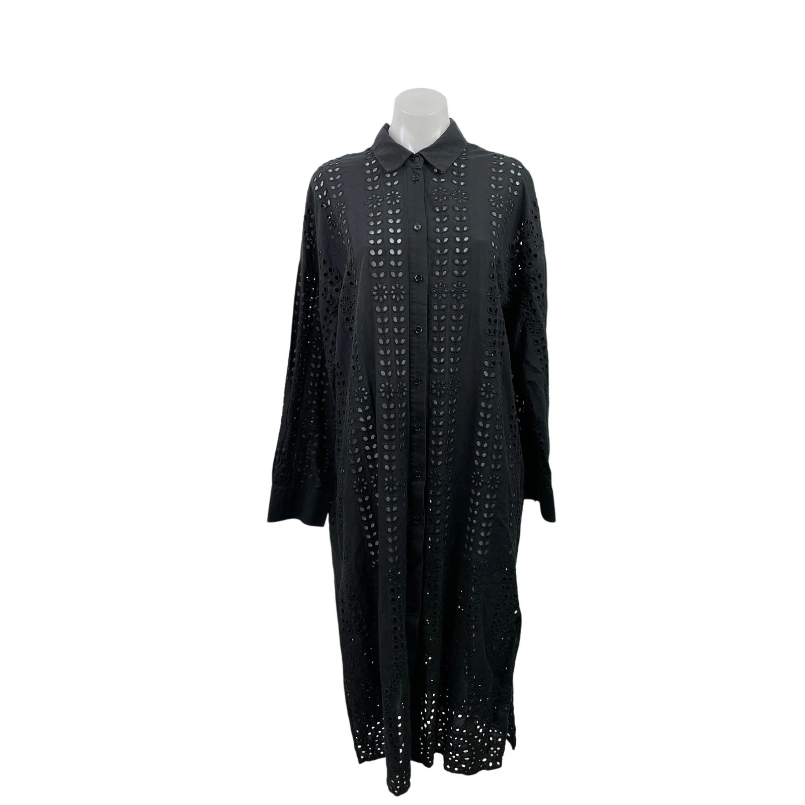 Zara Broderie Black Long Sleeve Eyelet Embroidered Collared Maxi Shirt Dress XL