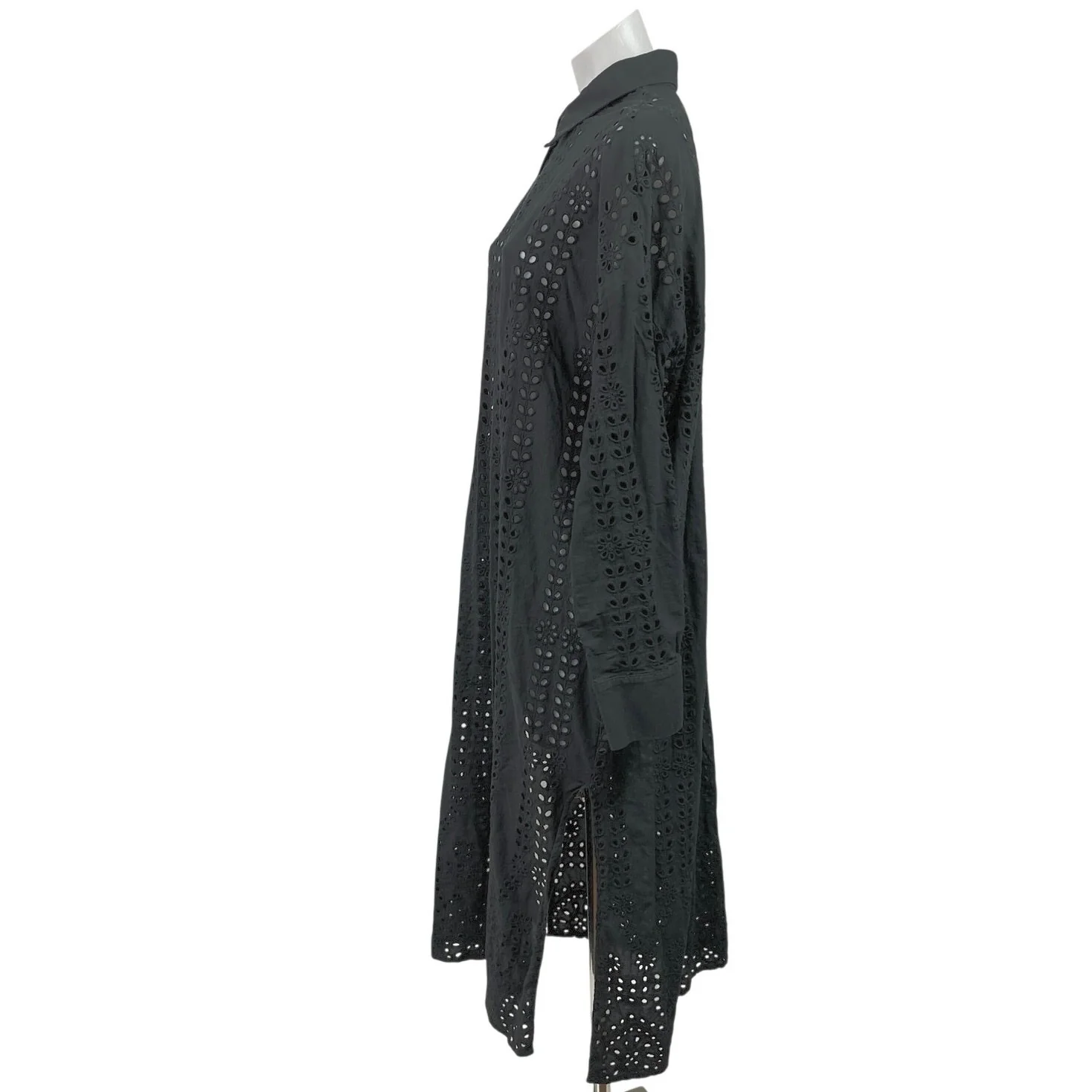 Zara Broderie Black Long Sleeve Eyelet Embroidered Collared Maxi Shirt Dress XL - Image 2
