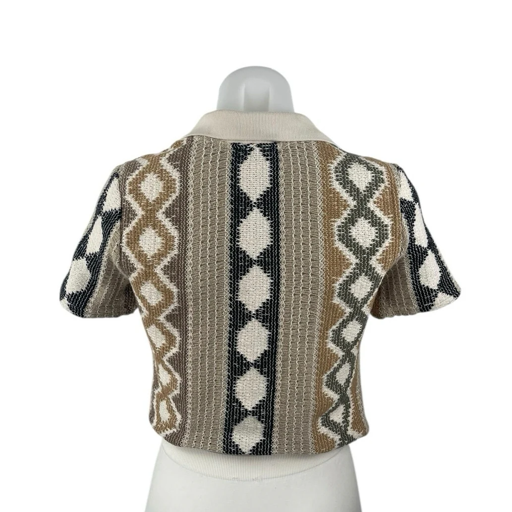 Zara Brown Geometric Tribal Crochet Knit Short Sleeve Cropped Polo Shirt Top S - Image 2