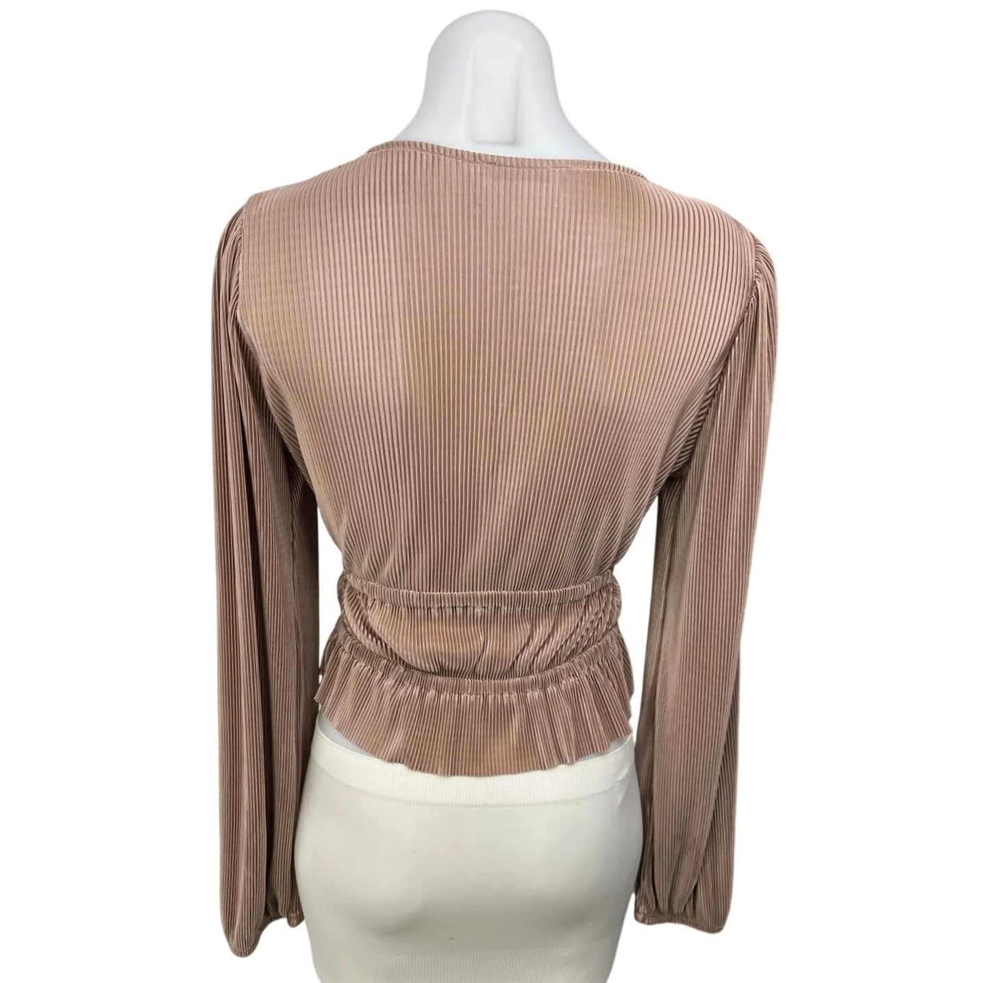 Zara Brown Metallic Pleated V-Neck Long Sleeve Cinched Tie Peplum Blouse Top S - Image 2