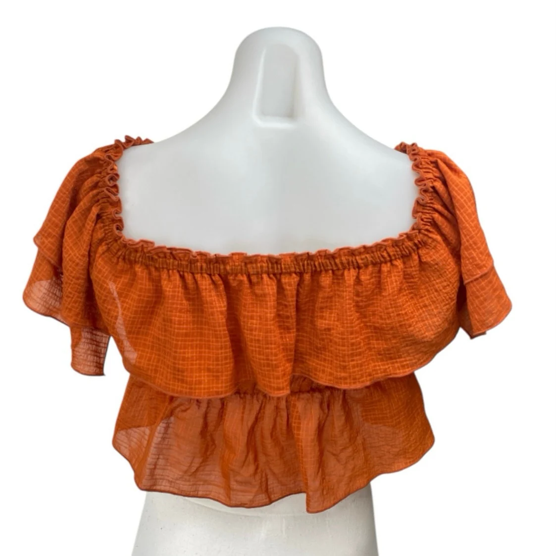 Zara Brown Off The Shoulder Short Sleeve Ruffle Plaid Peplum Crop Top Size S - Image 2