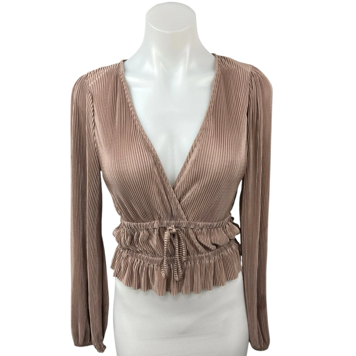 Zara Brown Metallic Pleated V-Neck Long Sleeve Cinched Tie Peplum Blouse Top S