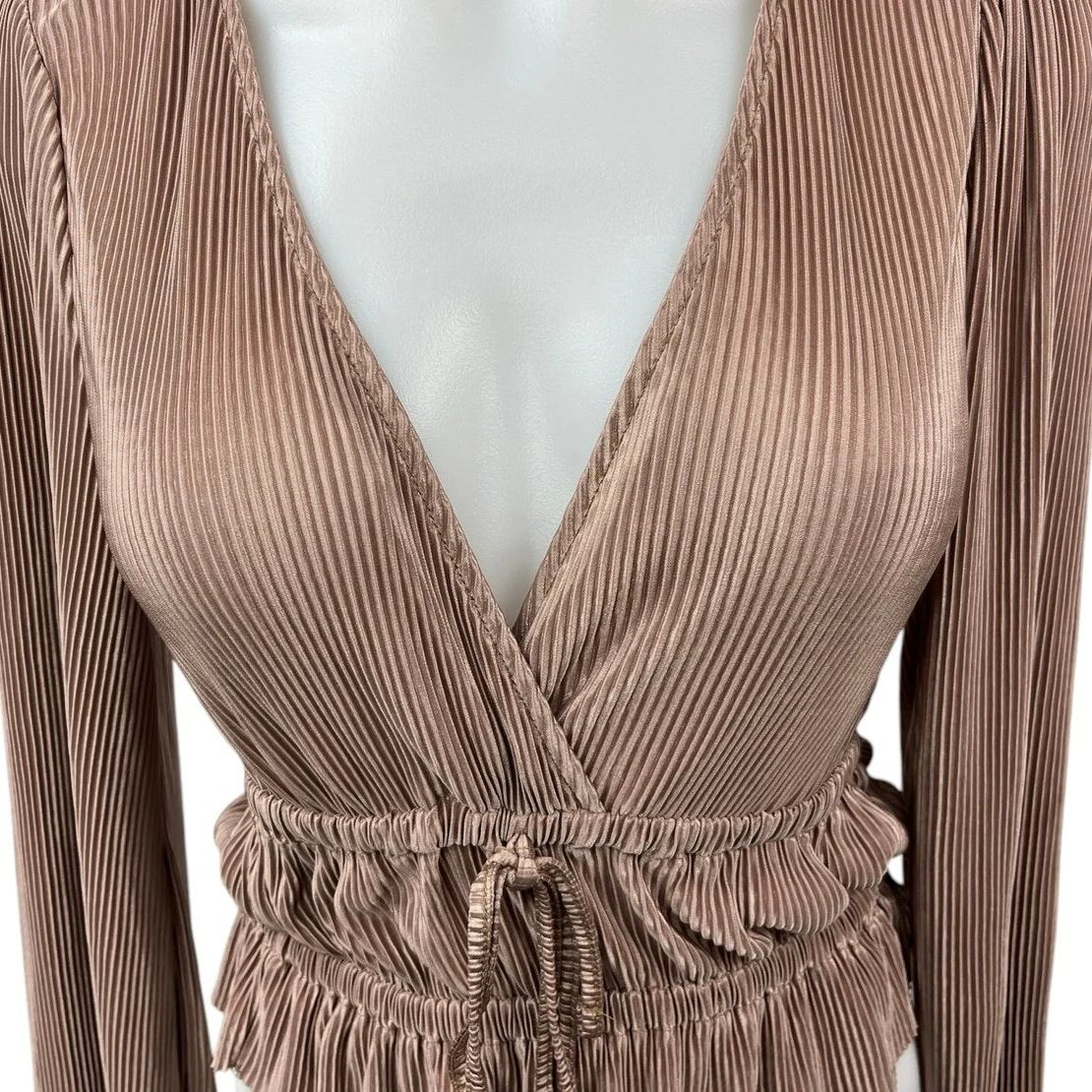 Zara Brown Metallic Pleated V-Neck Long Sleeve Cinched Tie Peplum Blouse Top S - Image 3