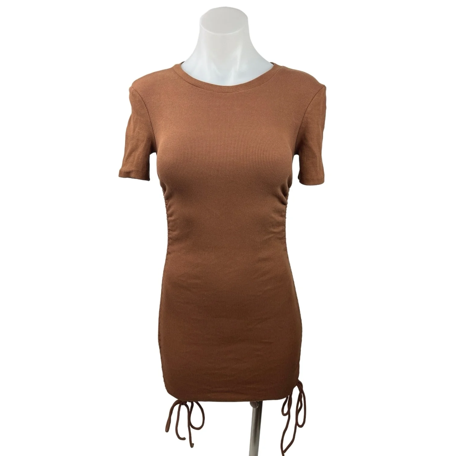 Zara Brown Ribbed Knit Short Sleeve Side Ruched Tie Mini Bodycon Dress Size S
