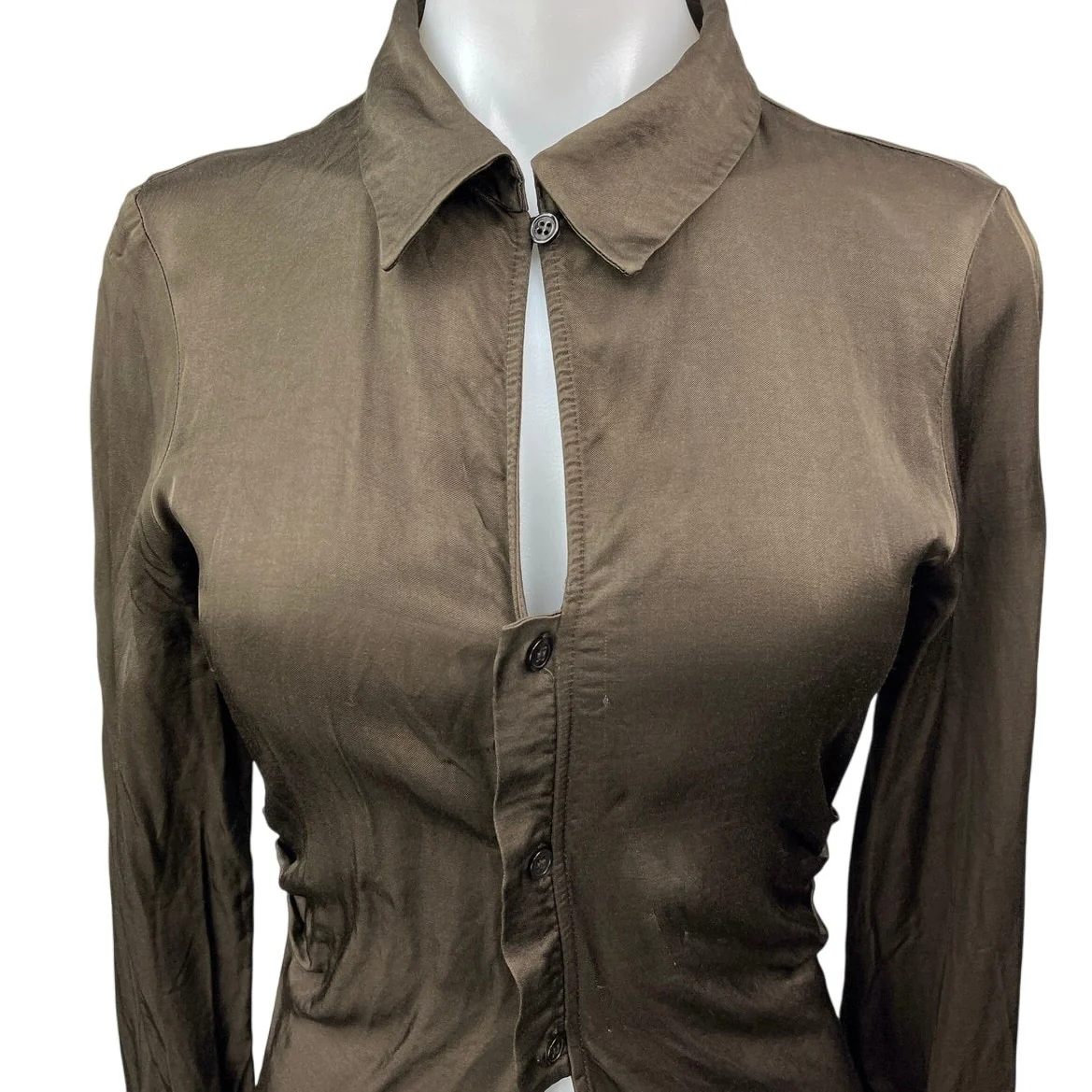 Zara Brown Satin Silk Keyhole Long Sleeve Fitted Button Down Shirt Top Size XS - Image 3