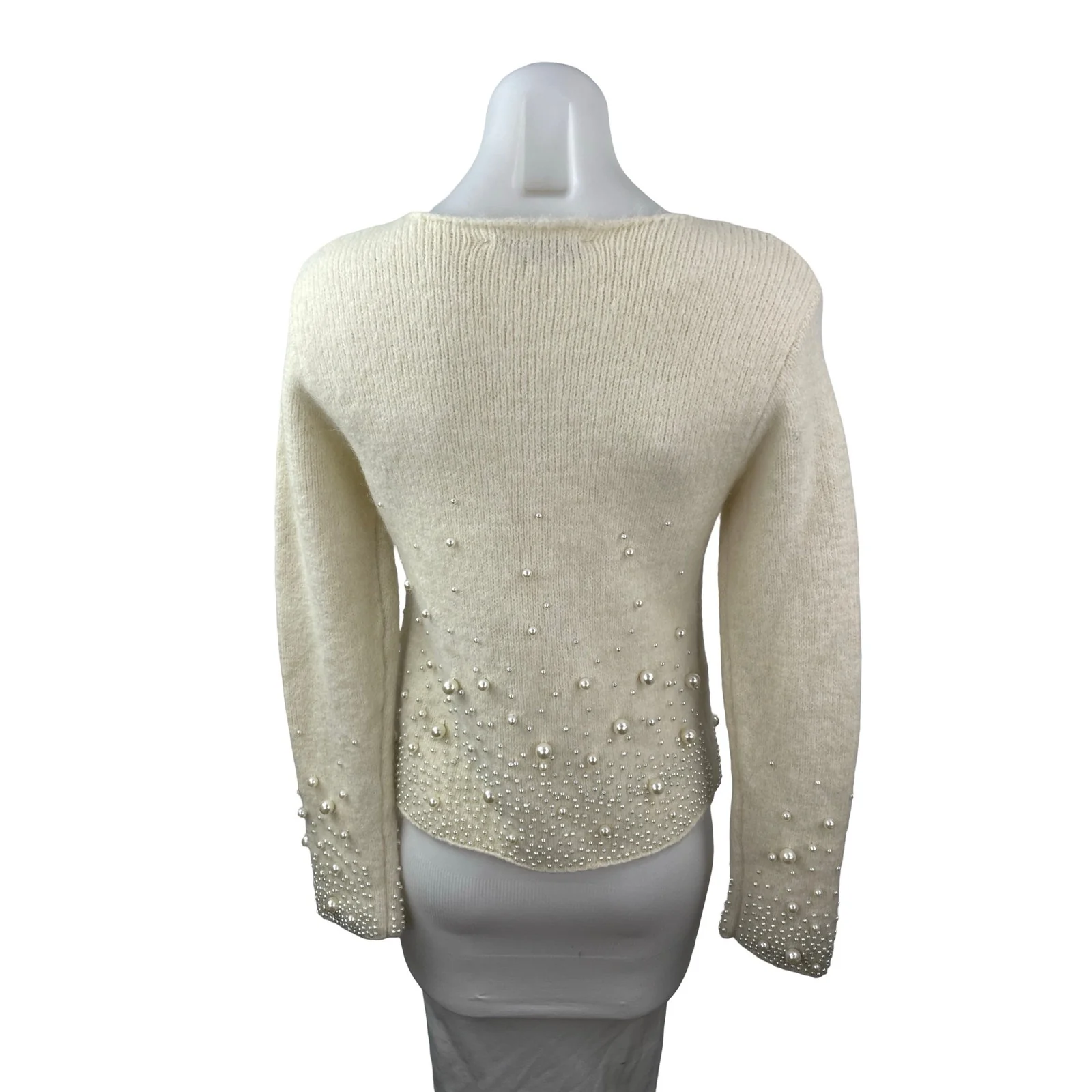 Zara Cream Beige Pearl Wool Beaded Long Sleeve Knit Crewneck Sweater Top Size S - Image 4