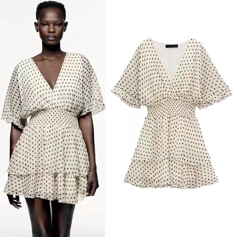 Zara Cream Black Polka Dot V-neck Ruffle Layered Smocked Chiffon Mini Dress Sz L - Image 4