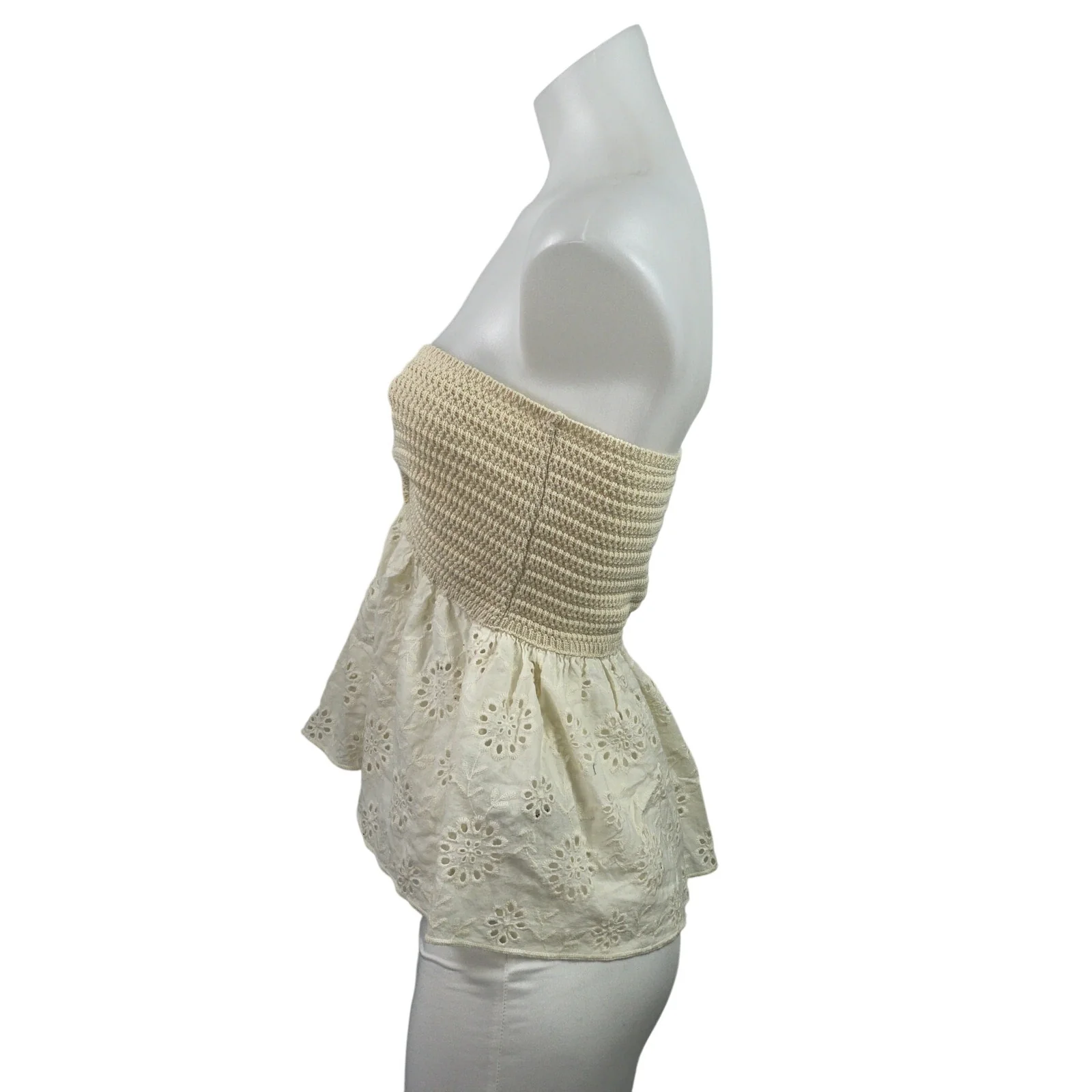 Zara Cream Crochet Knit Eyelet Embroidered Twist Front Strapless Tube Tank Top S - Image 2