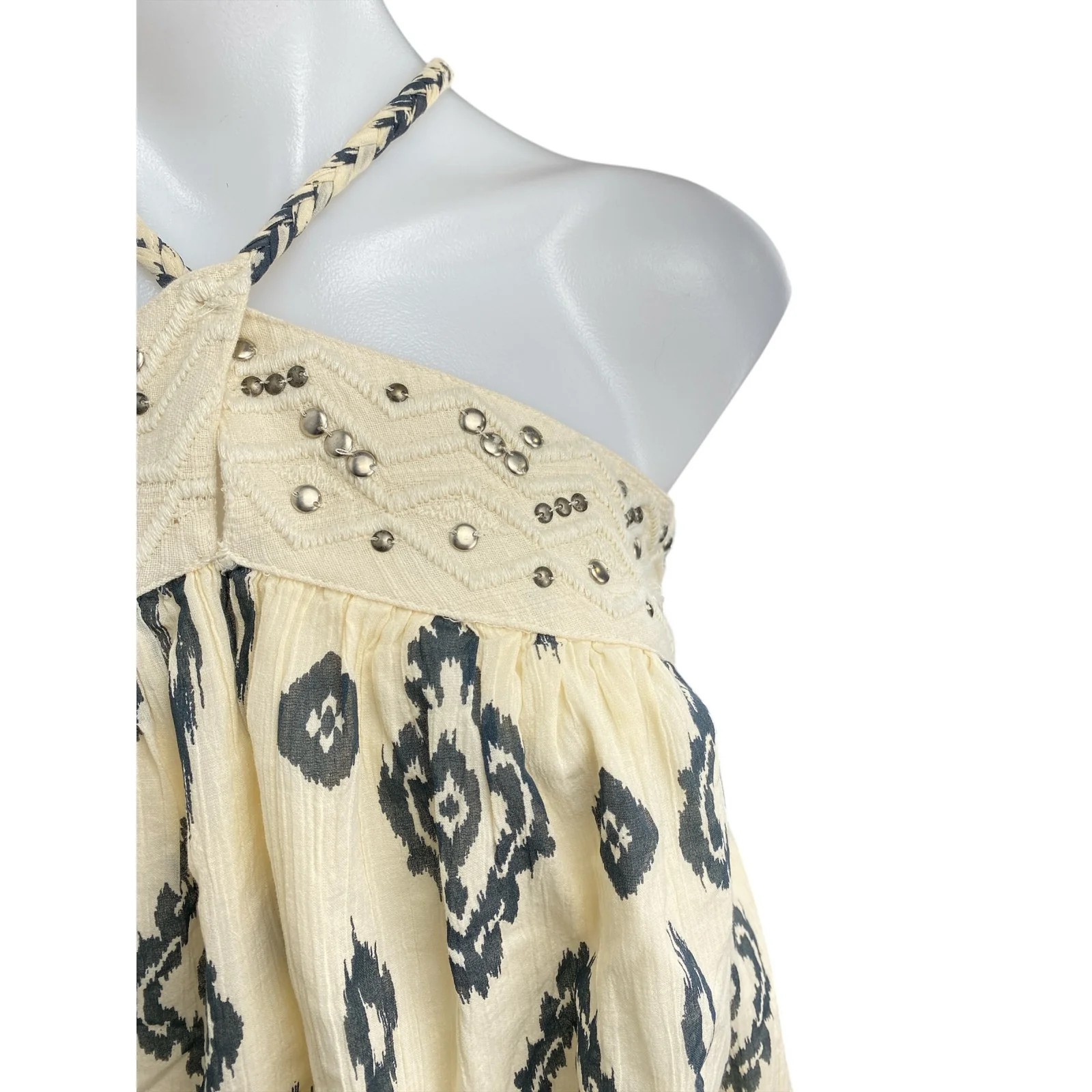 Zara Cream Ikat Print Studded Sleeveless Cami Mini Halter A-Line Dress Size M - Image 2