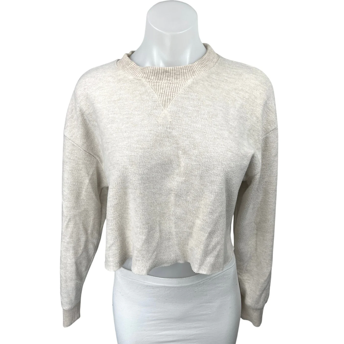 Zara Cream White Knit Long Sleeve Frayed Hem Crop Sweatshirt Sweater Top Size M