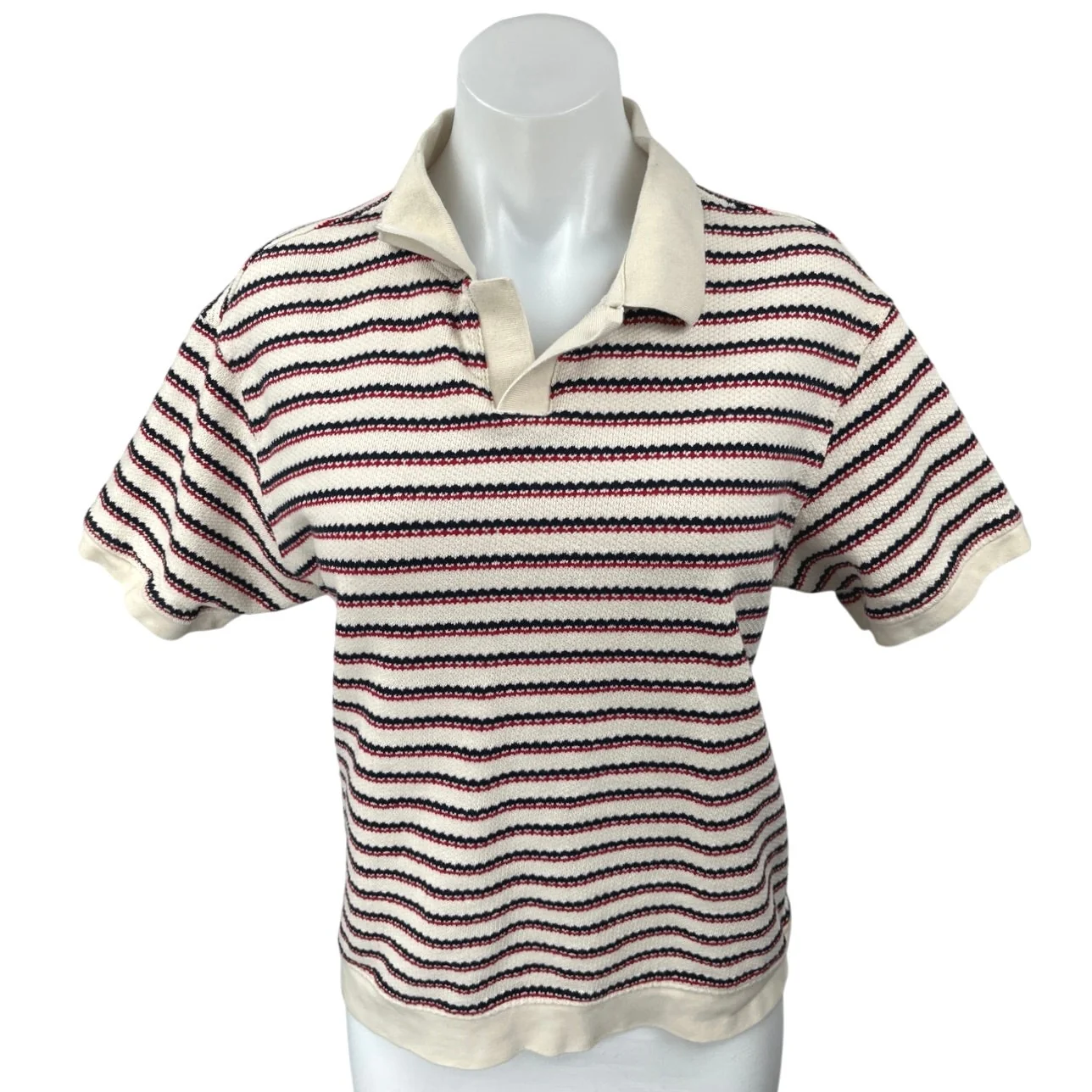 Zara Cream Red Knit Collared Short Sleeve Polo Pullover Sweater Top Size M