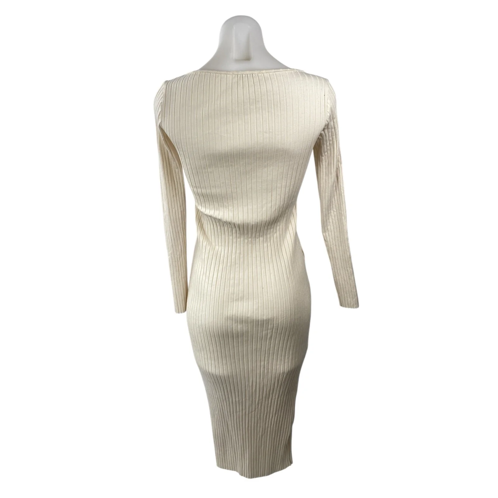 Zara Cream Ribbed Knit Asymmetric Neck Long Sleeve Midi Bodycon Dress Size M - Image 4