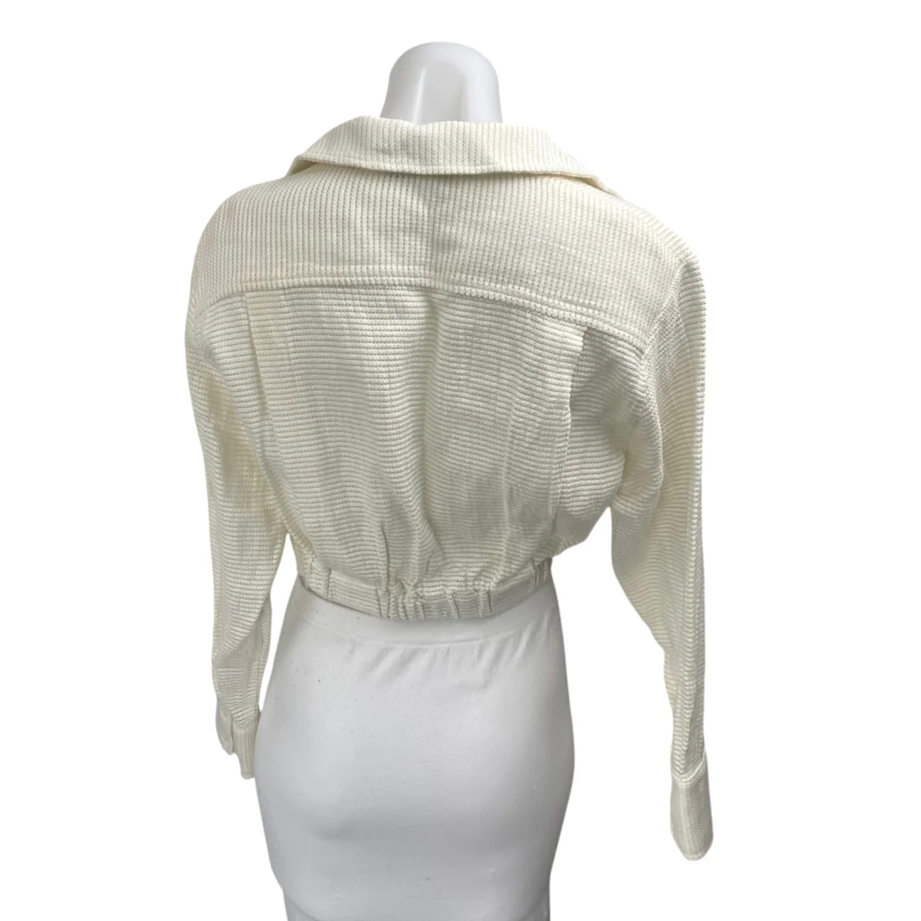 Zara Cream White Waffle Knit Long Sleeve Collared V-neck Crop Shirt Blouse Top S - Image 2