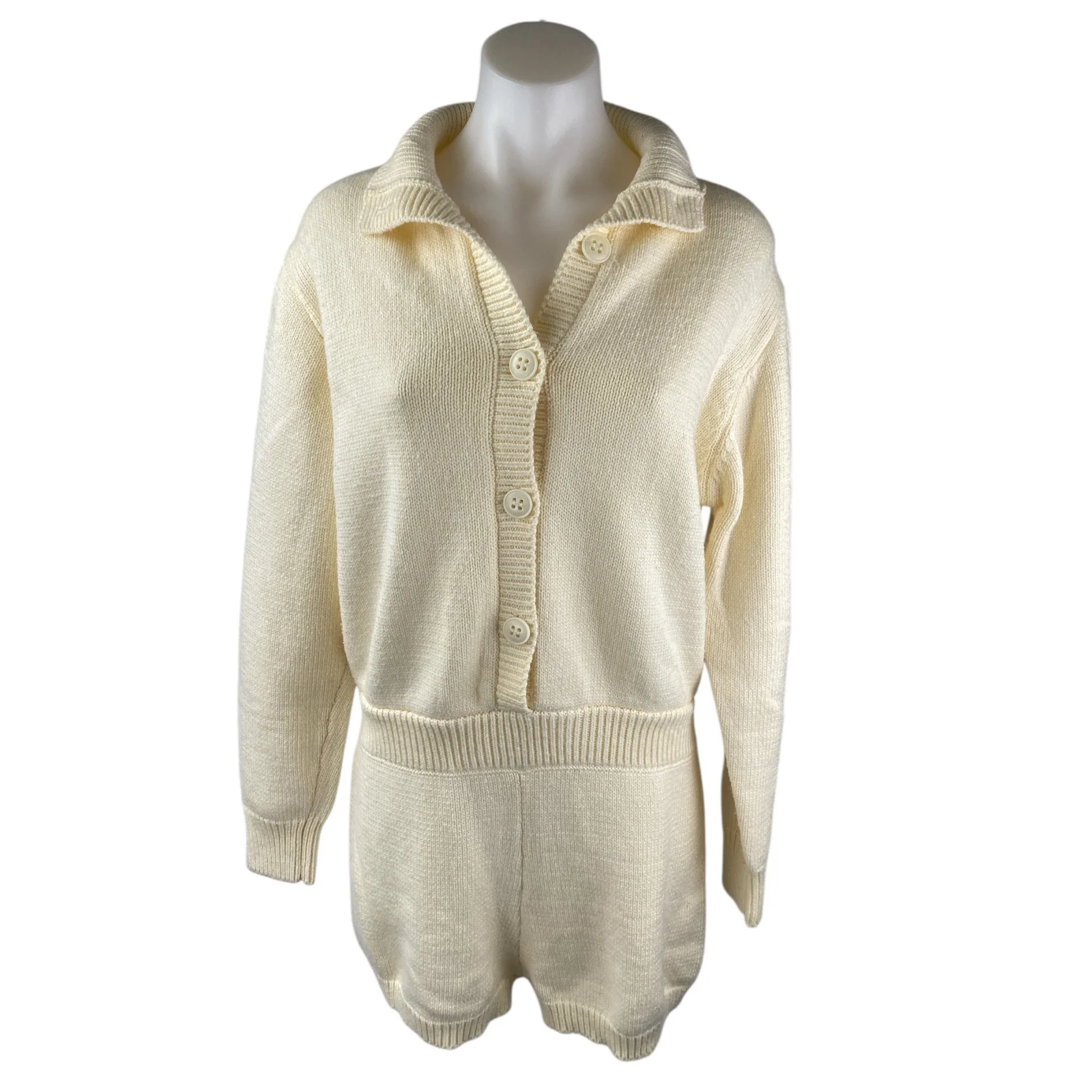 Zara Cream Wool Collared Long Sleeve Button Playsuit Sweater Jumpsuit Romper L