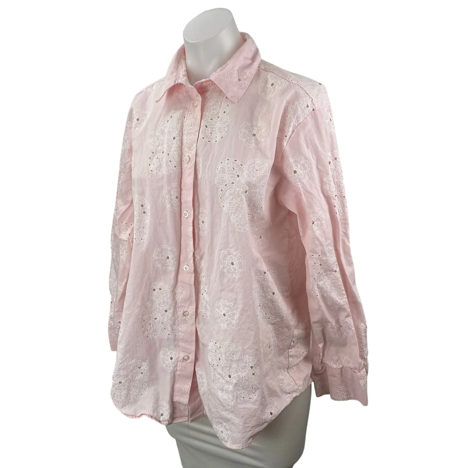 Zara Embroidery Hollow Out Pink Floral Eyelet Long Sleeve Button Up Blouse Top M - Image 2