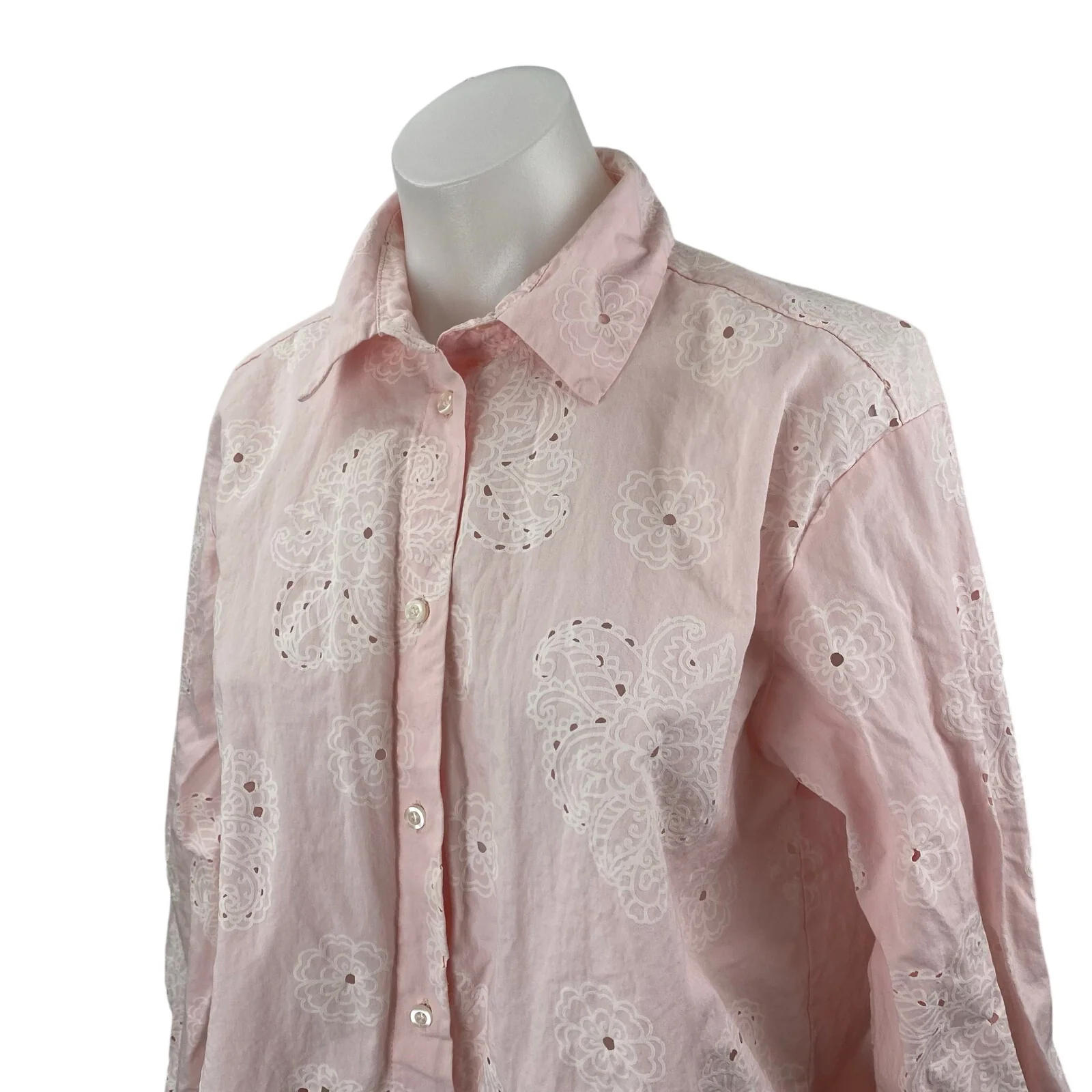 Zara Embroidery Hollow Out Pink Floral Eyelet Long Sleeve Button Up Blouse Top M - Image 3