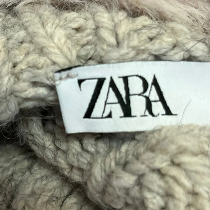 ZARA Gray Faux Fur Collar Cable Knit Long Sleeve Cropped Cardigan Sweater Sz S - Image 3