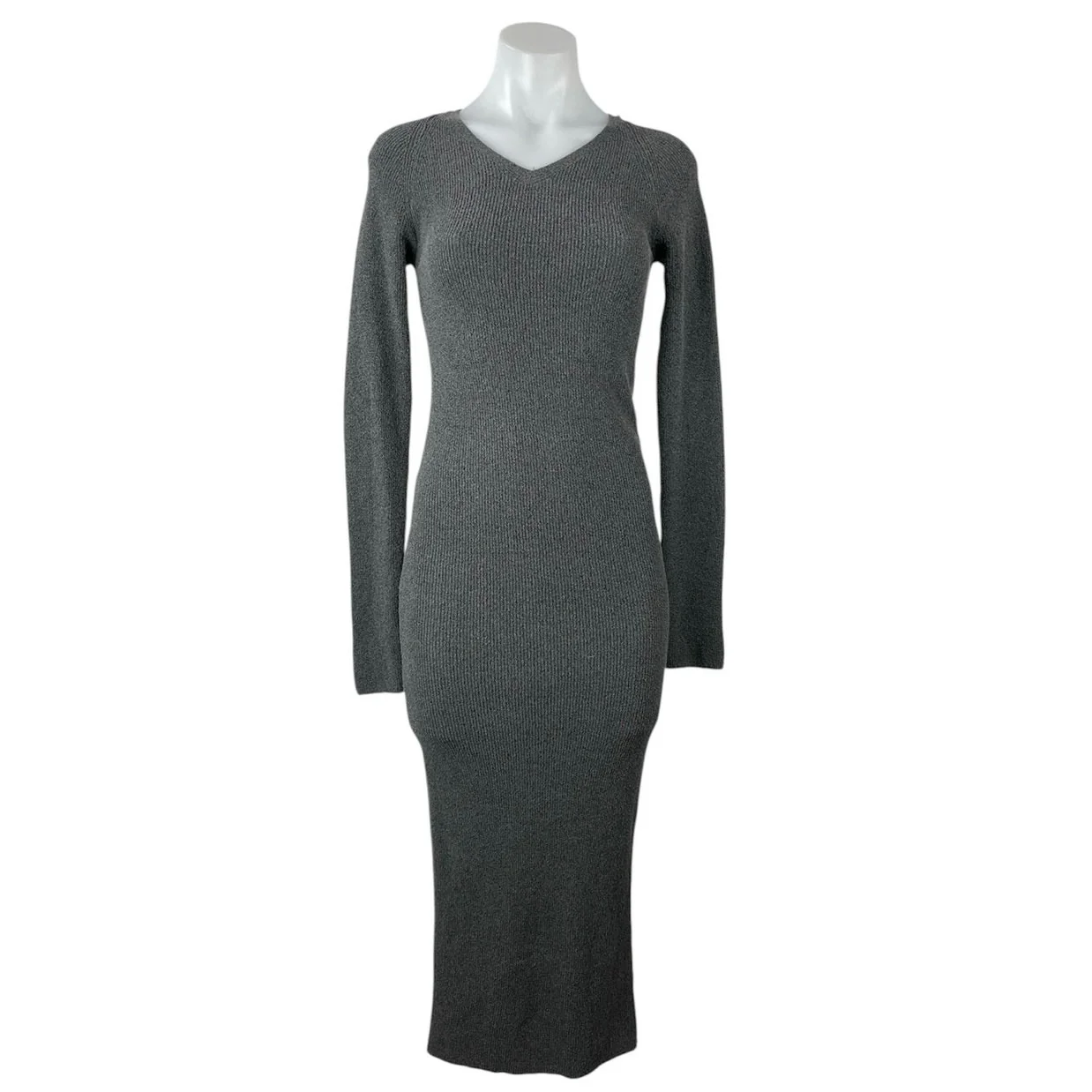 Zara Gray Long Sleeve V Neck Knit Sculpt Stretch Slim Maxi Bodycon Dress Size XS