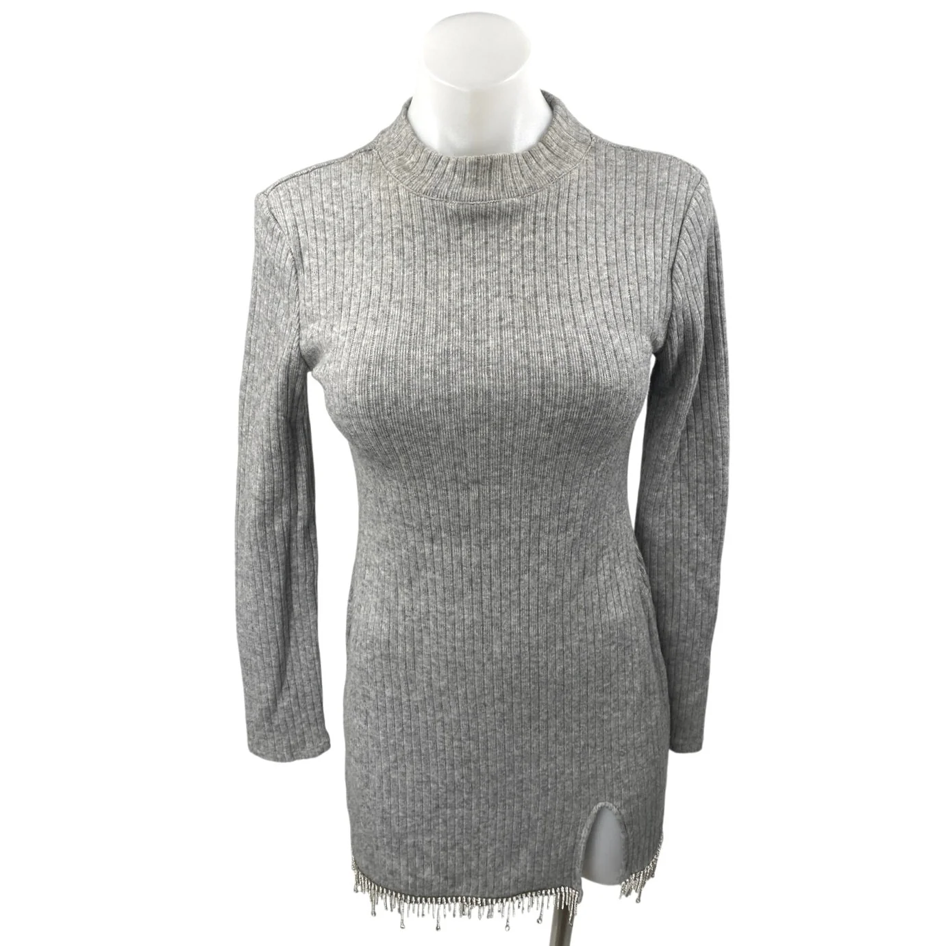 Zara Gray Rib Knit Jeweled Rhinestone Fringe Long Sleeve Mini Bodycon Dress Sz M