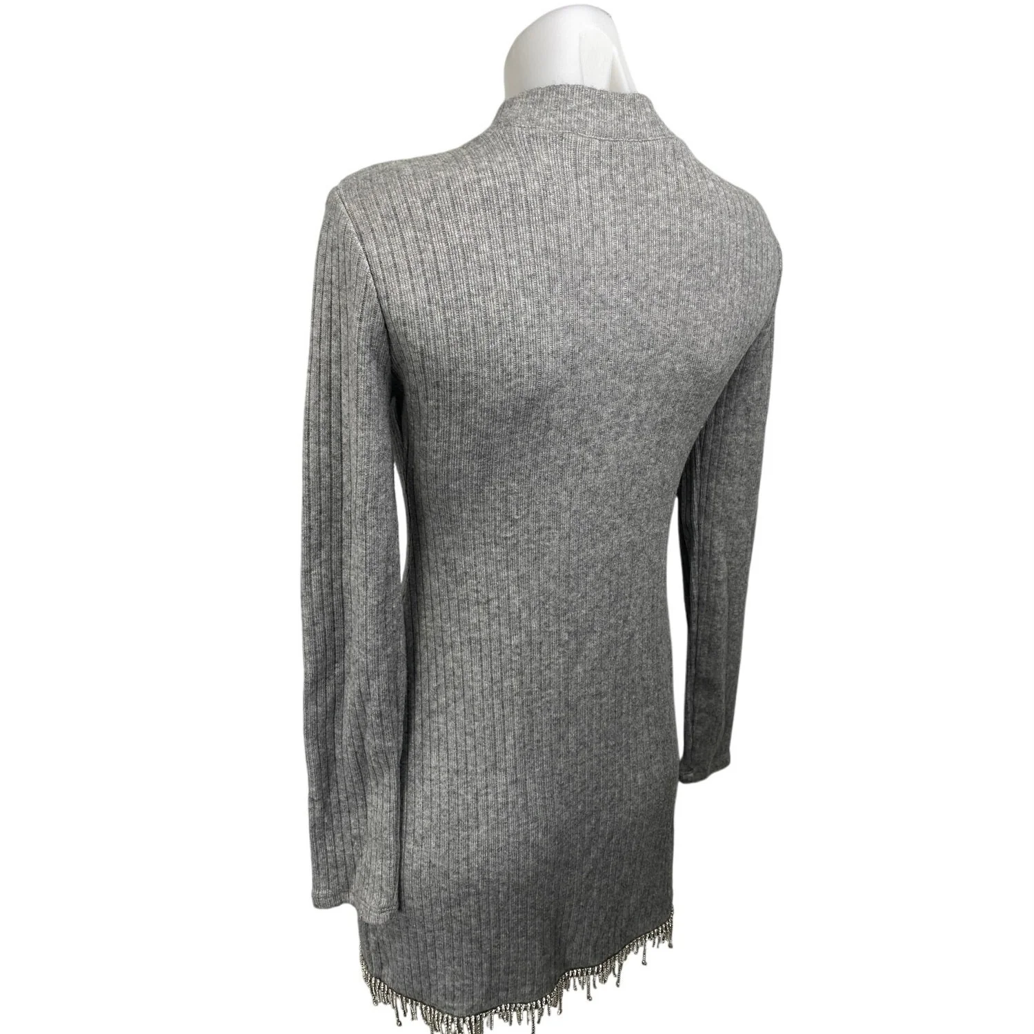 Zara Gray Rib Knit Jeweled Rhinestone Fringe Long Sleeve Mini Bodycon Dress Sz M - Image 2