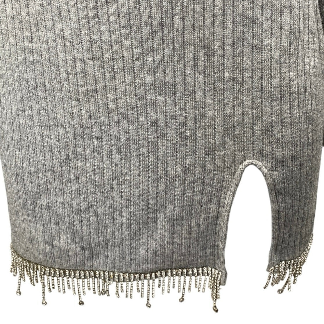 Zara Gray Rib Knit Jeweled Rhinestone Fringe Long Sleeve Mini Bodycon Dress Sz M - Image 3