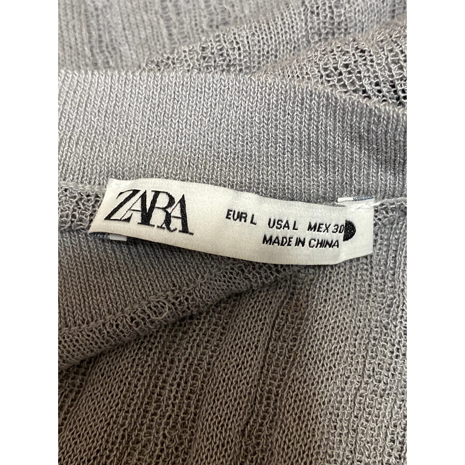 Zara Gray Ribbed Knit Crew Neck Long Sleeve Fitted Tee T-Shirt Sweater Top Sz L - Image 3