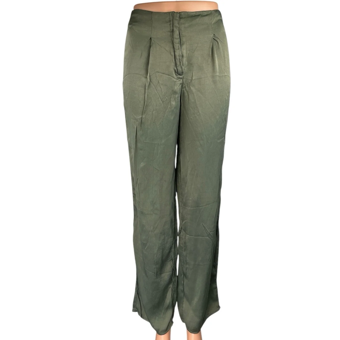 Zara Gray Silky Satin High Waist Pleated Straight Wide Leg Trousers Pants Sz XS