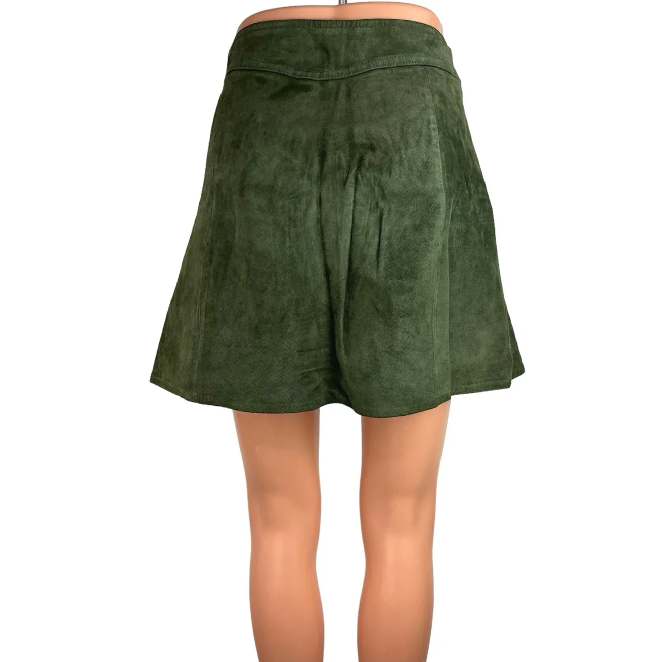 Zara Green 100% Suede Leather Zip Front Mini Casual A Line Mini Skirt Size M - Image 3