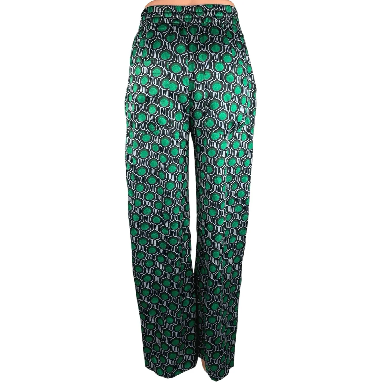 Zara Green Black High Rise Elastic Waist Pull On Drawstring Wide Leg Pants Sz XS - Image 3